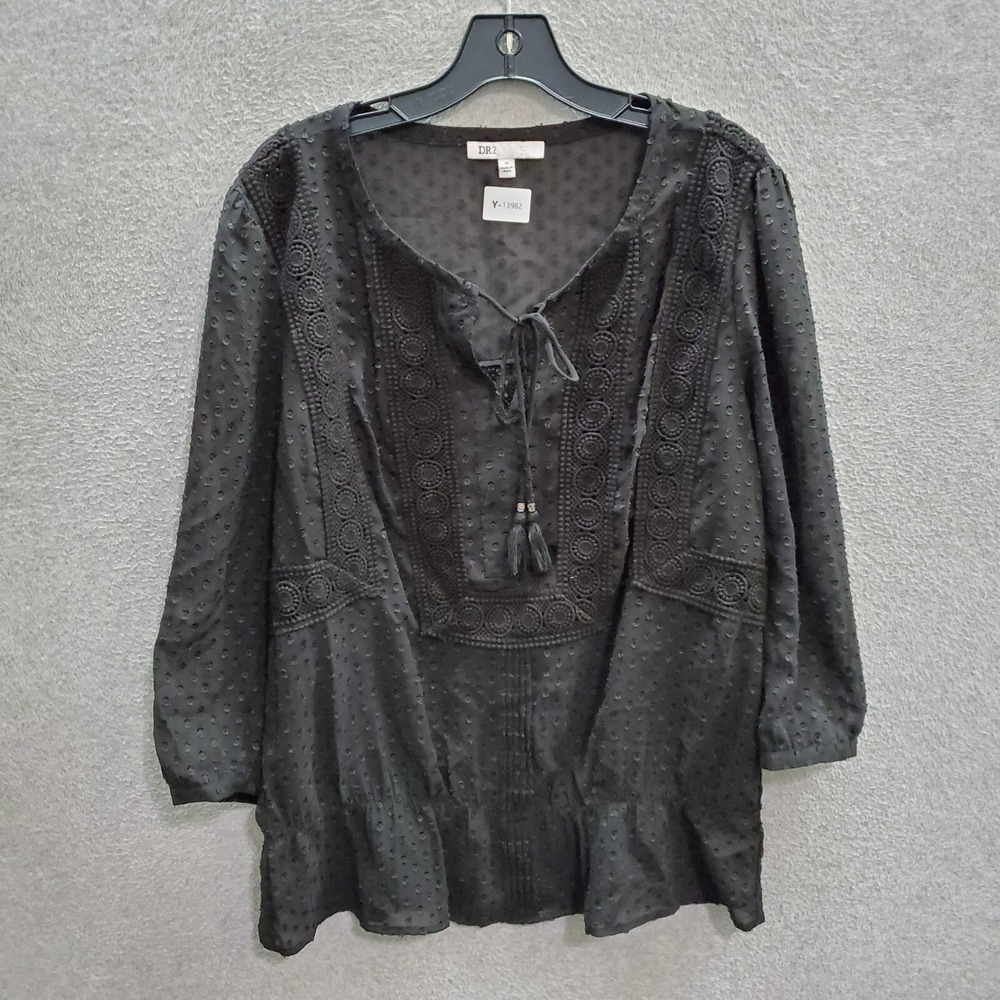 DR2 Women Top Medium Black Blouse Boho Peasant Sheerβ 3/4 Sleeve Tassel Pullover